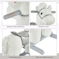 HOMCOM Cavalo Baloiço para Crianças de 18-36 Meses Cavalo de Balançar com Ursinho de Pelúcia Sons de Relinchos e Galopes base de Madeira 65x26x55cm Branco(m-6)