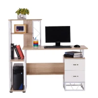 HOMCOM Secretária para Computador Escritório Branco Gabinete Prateleiras com Gavetas 133x55x123 CM Natural(m-7)