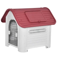 PawHut Casota para Cães com Porta Removível Base Elevada 3 Respiradouros e Janela para Interior e Exterior 72x87x75cm Cinza e Vermelho(m-1)