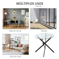HOMCOM Mesa de Sala de Jantar Redonda com Bancada de Cristal Temperado Transparente e Pés Cruzados de Metal Mesa de Centro Moderna Ø80x75cm Preto(m-7)