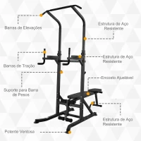 HOMCOM Estação de Musculação Torre de Treinamento Altura Ajustável com Barra de Flexões e Banco Dobrável para Fitness em Casa Academia Carga 150kg 99x178x230cm Preto(m-6)