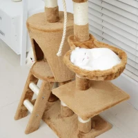 PawHut Árvore para gatos  com  Corda de Brincar Placa de Madeira e Revestido de Pêlo- Castanho - 30x55x96cm(m-12)
