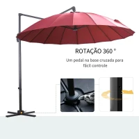 Outsunny Chapéu de Sol Excêntrico Ø300 cm com Manivela Mastro Giratório 360º Teto Inclinável em 6 Posições e Base Cruzada Incluída Vinho(m-3)