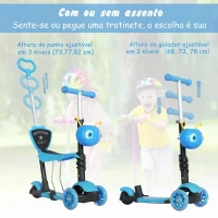 HOMCOM trotinete 5 em 1 para crianças de acima de1 ano trotinete de 3 rodas com assento removível guiador ajustável 62x25x72,5 cm Azul(m-8)