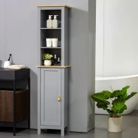 Kleankin Armário de banheiro alto móvel de coluna estreita com 1 porta de prateleira ajustável e 3 compartimentos abertos 39x30x168 cm Cinza(m-5)