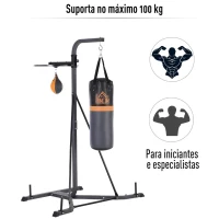 HOMCOM Saco de Boxe Suspenso com Suporte Bola de Velocidade Ajustável em Altura de 167-187cm e Inflador para Treinamento Fitness em Casa Ginásio 115×157×221 cm Preto e Cinza(m-6)