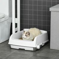 PawHut Caixa de Areia para Gatos Caixa de Areia Aberta Semi-Automática com Botão Ancinho Bandeja Removível e Borda Alta 62x46,5x19,5cm Branco(m-2)