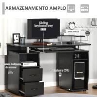 HOMCOM Secretária para computador Mesa para PC com prateleiras múltiplas Bandeja de teclado Suporte para CPU e 2 gavetas 120x55x85 cm Preto(m-5)