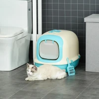 PawHut Caixa de Areia para Gatos com Alça de Transporte Duplo Fundo Bandeja Removível Pá e Filtro de Carvão Ativo 63x43x43cm Bege e Verde(m-2)