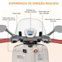 HOMCOM Mota Elétrica Vespa com Faróis Música 2 Rodas Auxiliares para Crianças acima de 3 Anos 108x49x75 cm Branco(m-6)