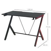 HOMCOM Secretária Gaming Secretária Ergonômica para Computador com Porta Copos Gancho para Fones de Ouvidos e Orifício para Passar os Cabos Efeito Fibra de Carbono 120x60x75cm Preto(m-3)