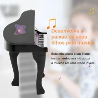 HOMCOM Piano para Crianças com 37 Teclas Microfone Banco Luzes 22 Músicas e Entrada para MP3 e USB 48x39x69 cm Preto(m-6)