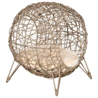 PawHut Cama Caverna de vime para Gatos Cesta para Animais de Estimação Pequenos com Base Tripé Almofada Suave 2 Entradas Desenho Elevado Ø50x56cm Caverna Marrom e Almofada Bege(m-9)