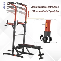 HOMCOM Estação de Musculação Torre de Treinamento com Altura Ajustável e Encosto Regulável em 7 Posições Barra de Elevação Flexões Aço 108x178x202-238cm Preto(m-4)