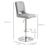 HOMCOM Conjunto de 2 Bancos de Bar Cadeiras Altas com Altura Ajustável e Giratórios com Estrutura de Metal e Apoio para os Pés 41x51x97-117cm Cinza(m-3)