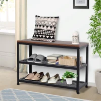 HOMCOM Banco Sapateira de Estilo Industrial Móvel para Sapatos com 2 Prateleiras de Grade 70x30x48cm Madeira e Preto(m-2)