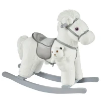 HOMCOM Cavalo Baloiço para Crianças de 18-36 Meses Cavalo de Balançar com Ursinho de Pelúcia Sons de Relinchos e Galopes base de Madeira 65x26x55cm Branco(m-1)