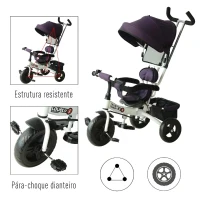 HOMCOM Triciclo para Crianças com Capota de Ferro, Plástico e Tela Cor Roxo e Branco 92x51x110 cm(m-7)