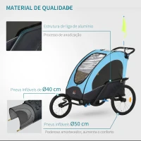 HOMCOM Reboque de criança 3 em 1 de 2 lugares para crianças acima de 6 meses Dobrável com barra rodas giratórias e guiador ajustável 150x85x107cm Azul(m-7)