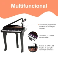 HOMCOM Piano para Crianças com 37 Teclas Microfone Banco Luzes 22 Músicas e Entrada para MP3 e USB 48x39x69 cm Preto(m-5)