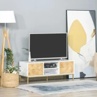 HOMCOM Móvel de TV Mesa da sala de estar para televisão de até 60 polegadas com prateleiras e armários com portas fechamento de pop-up 120x40x44,6 cm Branco e Madeira Natural(m-6)
