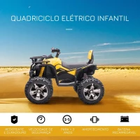 HOMCOM Quadriciclo Elétrico 12V para Crianças de 3-5 Anos com Farol Música Pneus de Suspensão Botões Avance e Retrocesso Veículo Elétrico a Bateria 100x65x73cm Amarelo(m-4)