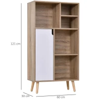 HOMCOM Móvel Aparador Alto Armário Auxiliar de Sala de Estar com 5 Compartimentos e 1 Porta Multiuso para Sala de Jantar Cozinha Dormitório 60x30x121cm Carvalho e Branco(m-3)