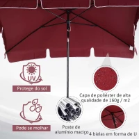 Outsunny Chapéu de Sol Retangular de Jardim 198x130x240cm Chapéu de Sol de Alumínio com Função de Inclinação para Terraço Pátio Exterior Vinho(m-5)