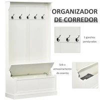 HOMCOM Móvel Cabide de Entrada com Banco Armário de Entrada com Cabide 5 Ganchos e Espaço de Armazenamento 96x34x179,7cm Marfim(m-5)