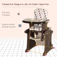 HOMCOM Cadeira para bebês 3 em 1 por mais de 6 meses Transformar em mesa e cadeira multifuncional Ajustável em 3 posições encosto alto Acolchoado com 2 bandejas removíveis 57x59x105 cm Marrom(m-5)