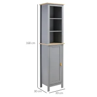 Kleankin Armário de banheiro alto móvel de coluna estreita com 1 porta de prateleira ajustável e 3 compartimentos abertos 39x30x168 cm Cinza(m-3)