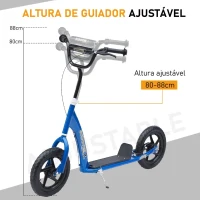 HOMCOM Trotinete para Crianças acima de 5 anos Scooter de 2 Rodas Grandes de 12 Polegadas com Freio e Guidão Ajustável em Altura Carga Máx. 100kg 120x52x80-88cm Azul(m-5)