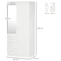 HOMCOM Armário Roupeiro de 2 Portas com Espelho 3 Gavetas Prateleiras Ajustáveis e Barra para Pendurar Incluida Roupeiro para Dormitório 80x50x180cm Branco(m-3)