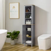 Kleankin Armário de banheiro alto móvel de coluna estreita com 1 porta de prateleira ajustável e 3 compartimentos abertos 39x30x168 cm Cinza(m-2)