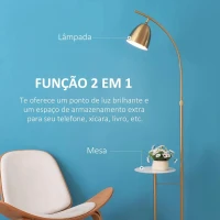 HOMCOM Candeeiro de Pé Vintage com Mesa Auxiliar Suporte para Lâmpada E27 Máx. 40W e Interruptor de Pé para Sala de Estar Dormitório Estúdio 30x44x177cm Dourado(m-4)