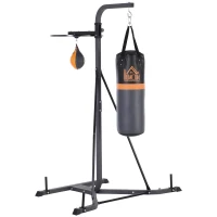 HOMCOM Saco de Boxe Suspenso com Suporte Bola de Velocidade Ajustável em Altura de 167-187cm e Inflador para Treinamento Fitness em Casa Ginásio 115×157×221 cm Preto e Cinza(m-1)