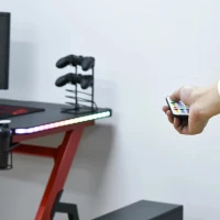 HOMCOM Mesa de Gaming com LED RGB Secretária de Computador com Porta Copos Gancho para Fone de Ouvido Suporte para Controle Gamepad e Luz com Controle Remoto 120x66x76cm Preto e Vermelho(m-8)