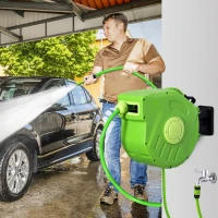 Outsunny Carretel para Mangueira 20m+2m Enrolador de Mangueira Montado na Parede 180º Giratório 47,5x15,5x35,5cm Verde(m-2)