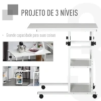 HOMCOM Mesa Lateral para Sofá Mesa lateral em Forma de C com 4 rodas Giratórias Freios Altura Ajustável 3 níveis Estrutura Metálica 80x40x72-82cm Branco(m-4)