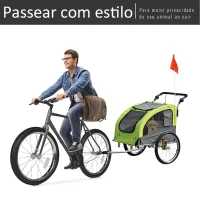 PawHut Reboque Bicicleta 2 em 1 com Guiador Amortecimento Roda Giratória 360° Refletores 155x83x108 cm Verde e Cinza(m-6)
