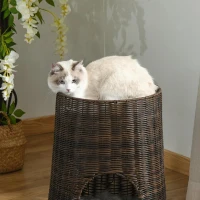 PawHut Cesta de Vime para Gatos Cama Caverna de 2 Níveis com Almofadas Laváveis Ø45x50cm Marrom(m-9)