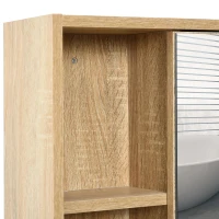 kleankin Armário para banheiro de madeira montado na parede com espelho, porta de vidro e prateleira aberta ajustável  60x 15x 76cm em grão de carvalho(m-7)