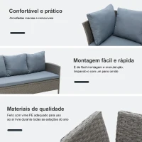 Outsunny Conjunto de 4 Peças de Móveis e Vime com Almofadas Acolchoadas com 2 Sofás 1 Banco e 1 Mesa de Vidro Temperado Cinza(m-6)