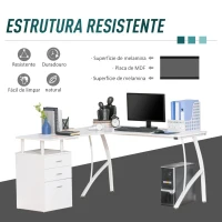 HOMCOM Secretária de Canto para Computador Secretária em Forma de L com 3 Gavetas Moderna para Escritório 143,5x143,5x76cm Branco(m-6)