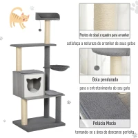 PawHut Árvore Arranhador para Gatos Grande 61x49x160,5cm Torre de Escalada de Múltiplos Níveis com Caverna Espaçosa Rede Postes e Brinquedo Suspenso Estofamento Suave Cinza(m-5)