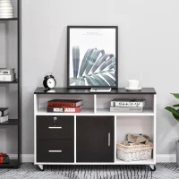 HOMCOM Móvel Auxiliar de Escritório Móvel Arquivador com Rodas Prateleiras Gaveta e Armário Multiuso com Grande Armazenamento 100x35x65cm Preto e Branco(m-2)