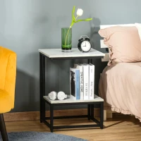 HOMCOM Mesa Auxiliar de 2 Níveis Mesa Lateral de Sofá em Forma de C com Superfície de Imitação de Mármore e Estrutura de Aço para Sala de Estar 45x40x61,5cm Branco e Preto(m-9)