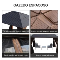 Outsunny Pérgola para Jardim com Parede Lateral e Rede Mosquiteira 365x300x265 cm Marrom(m-9)