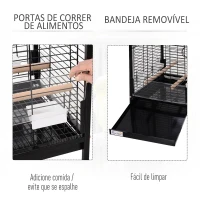 PawHut Gaiola para Pássaros com 3 Poleiros de Madeira Amovíveis Bandeja Comedouros e Rodas com Travão 54x54x151 cm Preto(m-4)
