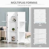 HOMCOM Biombo de 4 Painéis de Madeira Separador de Ambiente Dobrável com 3 Prateleiras Removíveis Desenho Persiana para Dormitório Escritório 160x170cm Branco(m-4)